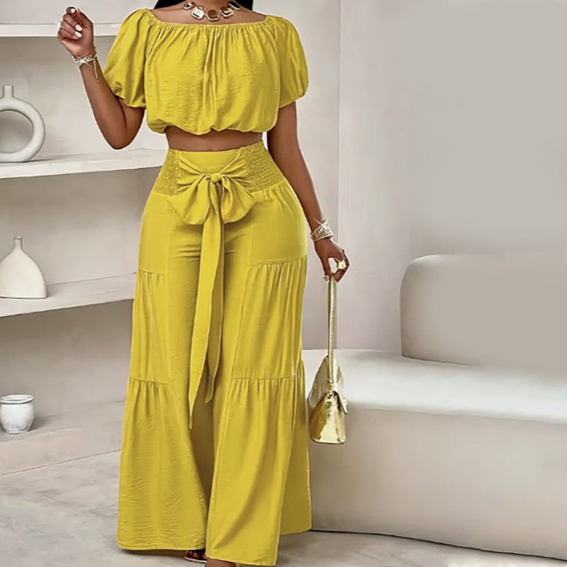 Damen zweiteiliges Set: Schulterfreies Oberteil mit Puffärmeln und Weitbeinhose