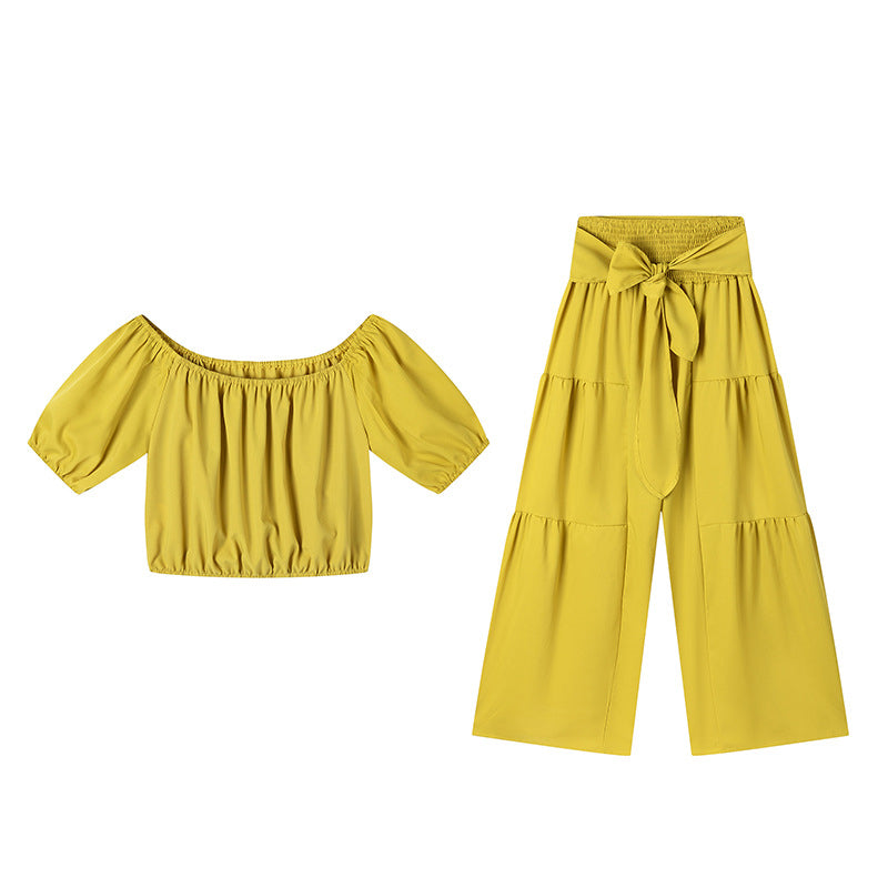 Damen zweiteiliges Set: Schulterfreies Oberteil mit Puffärmeln und Weitbeinhose