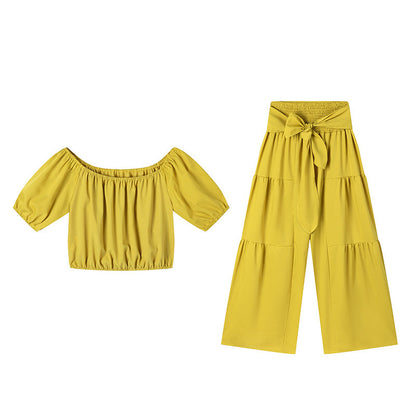 Damen zweiteiliges Set: Schulterfreies Oberteil mit Puffärmeln und Weitbeinhose