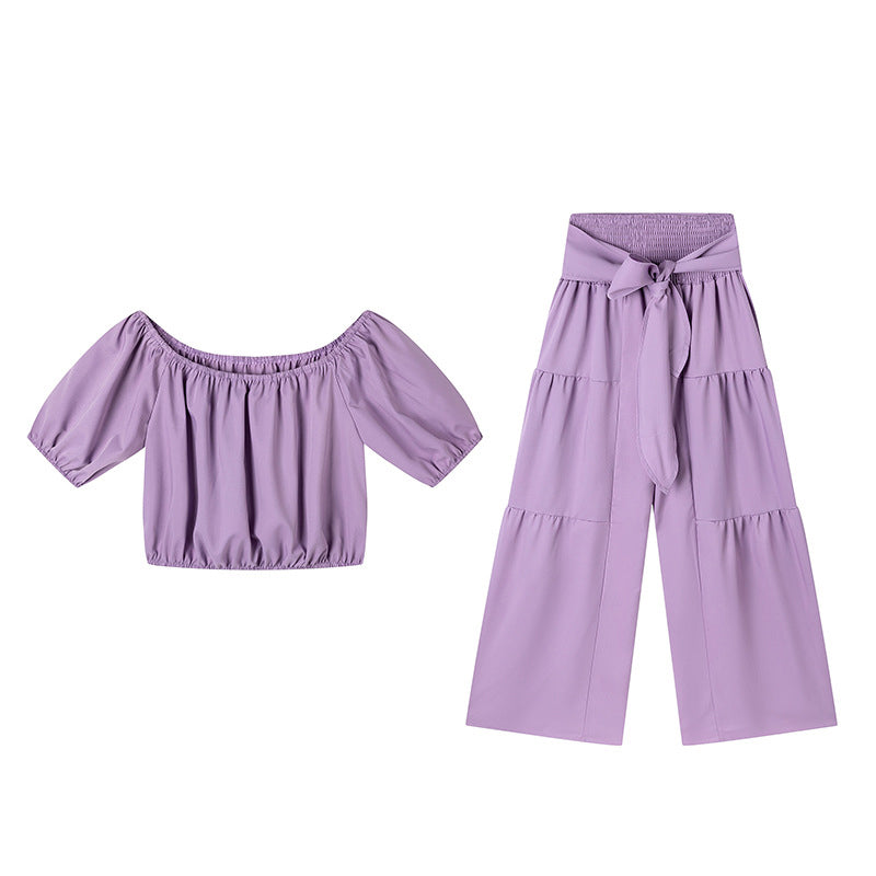 Damen zweiteiliges Set: Schulterfreies Oberteil mit Puffärmeln und Weitbeinhose