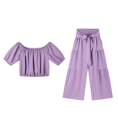 Damen zweiteiliges Set: Schulterfreies Oberteil mit Puffärmeln und Weitbeinhose