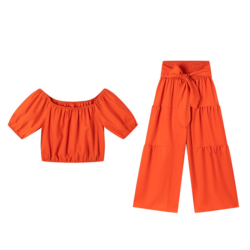 Damen zweiteiliges Set: Schulterfreies Oberteil mit Puffärmeln und Weitbeinhose