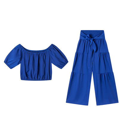 Damen zweiteiliges Set: Schulterfreies Oberteil mit Puffärmeln und Weitbeinhose