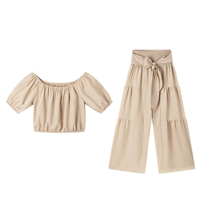 Damen zweiteiliges Set: Schulterfreies Oberteil mit Puffärmeln und Weitbeinhose