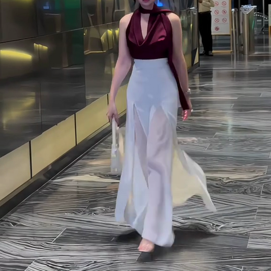 High-Waisted Sheer Paneled Flare Pants