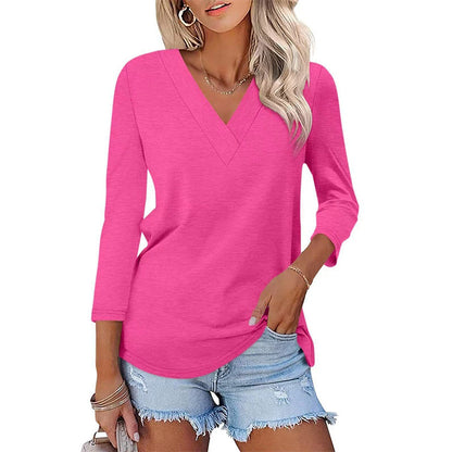 Einfarbiges Oberteil mit 3/4-Ärmeln und V-Ausschnitt für Damen