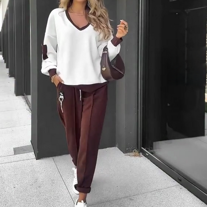 Farbblock-Pullover mit Kapuze und Jogginghose im Set