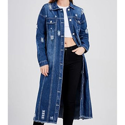Lange Damen-Jeansjacke im Destroyed Look
