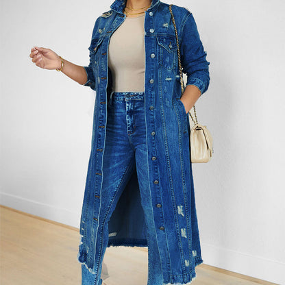 Lange Damen-Jeansjacke im Destroyed Look