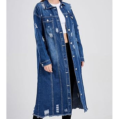 Lange Damen-Jeansjacke im Destroyed Look
