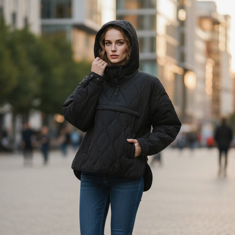 Damen leichte, wasserdichte Stepp-Pulloverjacke mit Kapuze