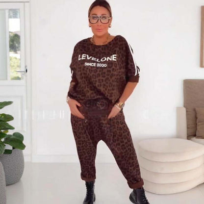 Damen-Zweiteiler mit Leopardenmuster (Sweater und Hose)