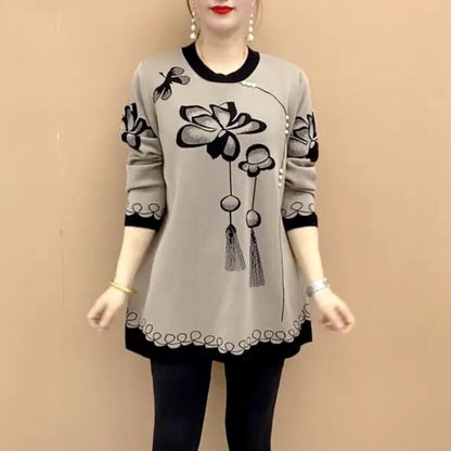 Lockerer, weicher Strickpullover mit Rundhalsausschnitt und Blumenmuster für Damen