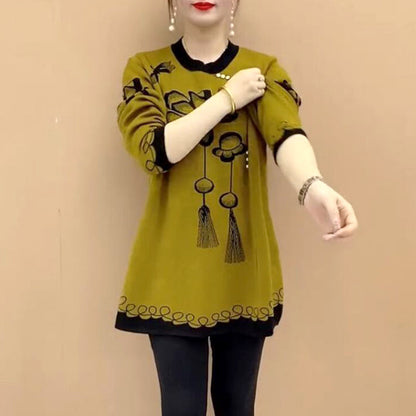 Lockerer, weicher Strickpullover mit Rundhalsausschnitt und Blumenmuster für Damen