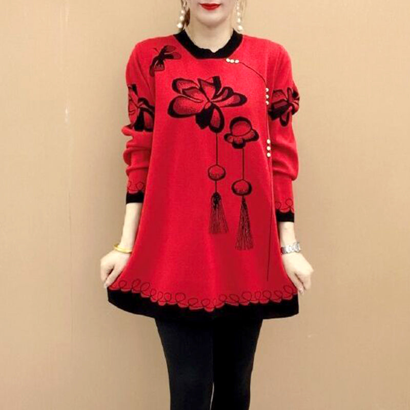 Lockerer, weicher Strickpullover mit Rundhalsausschnitt und Blumenmuster für Damen