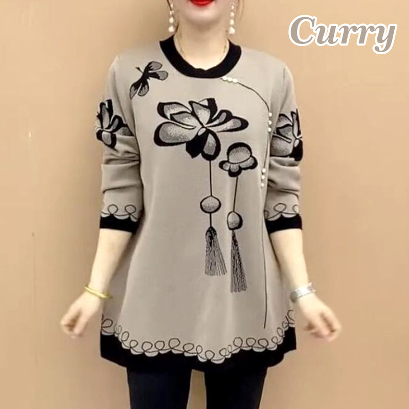 Lockerer, weicher Strickpullover mit Rundhalsausschnitt und Blumenmuster für Damen