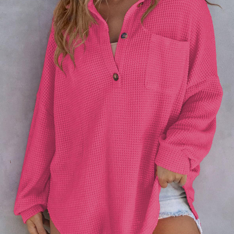 Lockeres einfarbiges Waffelstrickhemd für Damen